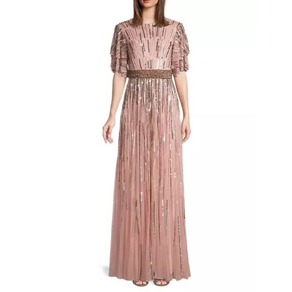 Mac Duggal Sequin Flutter Sleeve Maxi Gown Vintage Rose Size 12 NWT - Picture 2 of 11